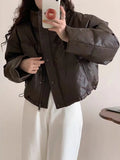PU Leather Short White Duck Down Down Jacket Female 2024 Winter New Fashion Standing Collar Wash Loose Small Coat-Outfit