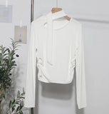 Ribbon Scarf Hanging Neck Long-Sleeved T-Shirt Girl 2024 Autumn Slim Thin Folded Bottom Shirt