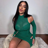 Zingj Women's Autumn Dress Sexy Perspective Tight Round Collar Stitching Long Sleeves Wrapped Buttock Short Skirt-Outfit