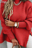 Winter Women Knitted Sweater Mock Neck Casual Loose Basic Pullovers Warm Elegant Solid Batwing Sleeve Side Split