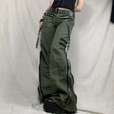 Grunge Green Zipper Jeans Bandage Low Waist Cargo Pants Gothic Punk Baggy Retro Kawaii Trousers Women Korean