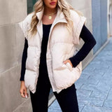 2024 New Women's Solid Color Zip Pocket Cotton-Padded Jacket Vest Fashion Standing Collar Temperament Commuter Coat-Outfit