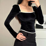 Zingj Women's French Temperament Square Collar Sexy Back Strap Slim Fashion Lace Show Thin Long-Sleeved Jacket Female- Outfit