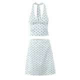 Satin Black Polka Dot Bow Halter Tank Top And MIDI Skirt Set-Outfit