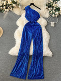 American Retro Sequin Jumpsuit Diagonal Collar Solid Long Wide Legs Pants Romper Elegant Backless Sexy Party