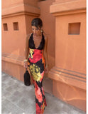 Women Chic Printed Lace Patchwork Long Dress Sexy Off Shoulder Backless V-neck Bodycon Vestidos 2024 Summer Lady Prom Party