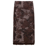 Fairy Grunge Aesthetics Brown Mesh Midi Skirts Y2K Streetwear Low Waist Printing A-line Skirt Elfcore Outfits Retro