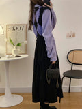 French Vintage Knitting Midi Dress Women Black Loose V-neck Long Sleeve Dress Elegant Office Lady Turn-down Collar