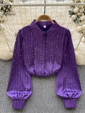 Autumn Senior Vintage Shirt 2023 Fashion Lantern Sleeve Loose Beading Design Top Women Lapel Streetwear Diamons