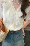 Neck Elegant Lace Blouse Women Korean Fashion Puff Short Sleeve Tops Mujer Summer Hollow Ruffle Stitching Shirts Party