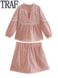 Pink Shorts Set Woman 2 Pieces Summer Embroidery High Waist Bermuda Shorts And Top Set Vacation Outfits For Women 2025 211-0-Outfit