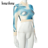 Women Fashion Autumn Winter Long Sleeve Printed Mesh Kntted T Shirt Crop Tops Pullover 2021 Fall Clothes Wholesale