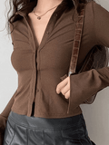 Polo Neck Long Sleeve Rib Blouse- Outfit