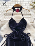 Halter Sexy Velvet Dress V Neck Backless Lace Up Slim Fit 2024 New IN Fashion Split Long Elegant Evening Party