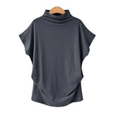 Solid Loose Tee Shirt Korean Harajuku Oversized Pullover Batwing Short Sleeve Turtleneck T Shirt Elegant Tops
