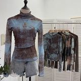 Real Shooting Denim Pattern Dye Printing Retro Babes Thin Mesh T-Shirt High-Necked Long Sleeve Bottom Shirt Top