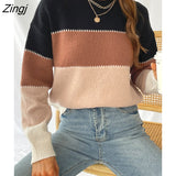 PETAL Colorblock Round Neck Sweater For Woman Casual Long Sleeve Waistcoat 2023 Spring Autumn Pullover Tops