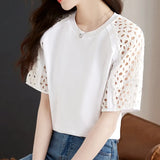 Hollow Short Sleeve White Blouse O Neck Women Simple T-shirt Elegant 2023 Tops New Casual Loose Ladies Shirt Blusas