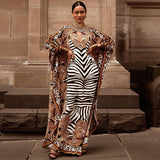 Folk Zabra Striped Pattern Patchwork Bathing Sleeve Maxi Dress For Women Clothes Plus Size Streetwear Moroccan Caftan