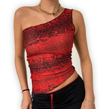 Vintage Chinese Style Print Crop Top Asymmetric Slim Fit One Shoulder Vests E-girl Aesthetic Fashion Women Summer Tank