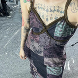 Zingj Floral Lace Stitching Chest V Neck Sling Dress Female V Neck Show Thin Gauze Dress Long
