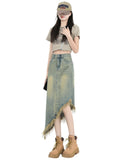 Zingj High Waist A-Line Denim Skirt Skirt Female Spring And Autumn Irregular Design Sense Long Skirt Small Tassel