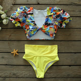 Women Puff sleeve Bikini Set 2021 Bandeau Swimwear Printed Swimsuit High Waist Bathing Suit Beachwear Biquini