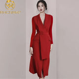 Women Red Dresses Spring Vintage Long Sleeve Belt Slim Blazer Dress Ladies Sexy V-Neck Elegant Office Party Long