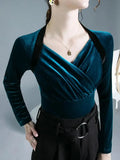 TShirt Women Full Sleeve Vintage Crossed V Neck Tee Shirts Lady Stretchy Soft Fashion Base Tops T-shirts For