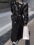 Spring Autumn Long Cool Oversized Brown Black Pu Leather Trench Coat for Women European and American Runway Fashion