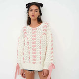 White Knit Pink Ribbon Lace Up Sweater-Outfit