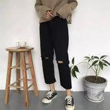 Women Spring Summer Trendy Simple Korean Style All-match Solid Hole Soft High Waist Streetwear Womens Trousers Chic