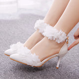 Cm White Flowers High Heel Sharp Sandals One Word Wristband Bride Hollow Fine Tip Head Wedding Dress