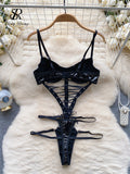 Strap PU Leather Sexy Bodysuits Ladies Sleeveless Hollow Out Lingerie Erotic Nightwear Fashion Backless Sexy