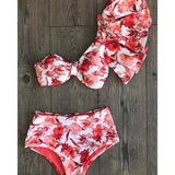 Shoulder Bikini Set 2021 Sexy Ruffle Swimwear Women Swimsuit High Waist Bathing Suit Beachwear Red Print Biquini
