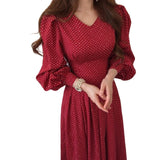 Fashion French Vintage Maxi 2021 Ladies Lantern Sleeve Dot Chiffon Dresses Femme Autumn