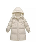 Long Down Jacket Female 2024 Winter New Fashion Hoodie Loose And Thick White Duck Velvet Over The Knee Coat Tide-Outfit