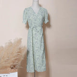 Summer Short Sleeve A-line Midi Dress Floral Printing Lace Up Belt Shirt Dress Woman Chic vestido