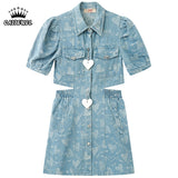 Clothing Denim Dress Polo Collar Button Puff Short Sleeve Dew Waist Casual Fashion High Waist Short Skirt Ladies