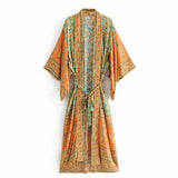 Bohemian Printed Summer Beach Wear Clothing Long Kimono Autumn Plus Size Tunic Women Tops Self Belted Wrap Coat