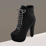 Onlymaker Women's Platform Round Toe Short Booties Block Chunky High Heel Lace Up Black Thick Plus Size Party Dress Ankle