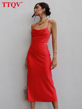 Sexy Strap Pink Satin Dress Summer Sleeveless Hollow Out Midi Dress Bodycon Lace-up Backless Party Dresses For Women