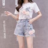Summer Women 2 Piece Sets Embroidery 3D Flower T-shirt + Denim Shorts Sets Vintage Beading Shorts