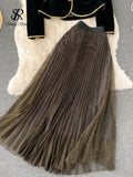 Fashion Vintage Autumn Suits Women Warm Short Outer Wear+Mesh Pleated Long Skirt Winter Velvet Slim Two Pieces
