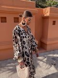 Leopard Printed Side Split Midi Dress Women Sexy V Neck Lantern Sleeve Dresses Fashion Lady Casual Loose Vestidos