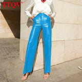 Casual Blue Pu Leather Women's Pants 2022 Autumn Elegant High Waisted Pockets Trousers Fashion Streetwear Straight