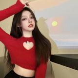 Women Hollow Out Sweaters Sexy Ladies Solid Tops Expose Navel Lint Knitted Long Sleeves Soft