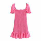 2021 Women Smocked Elastic Fashion Mini Dress Summer Ruffled Bodycon Square Collar Solid Puff Sleeve Elegant