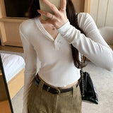 Designers Are Impressed By The Beauty Of V-Neckline Slim Button Long-Sleeved T-Shirt Women's New Sweet And Spicy T-Shirt In Early