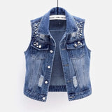 Denim Women Vest Luxury Pearls Fashion Ripped Autumn Plus Size Jeans Jacket Sleeveless Loose Short Coat Causal